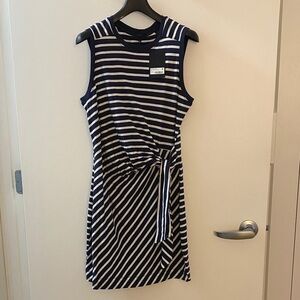 ATM Anthony Thomas Melillo Navy and White Striped Knot-Front Midi Dress